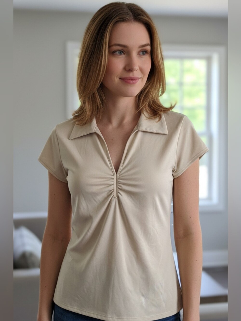 Suzy Shier Cream Short Sleeve V-Neck Polo Top